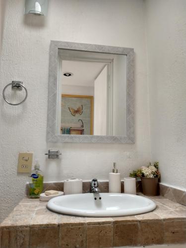 y baño con lavabo y espejo. en Residence Las Trojes Cdmx, en Ciudad de México