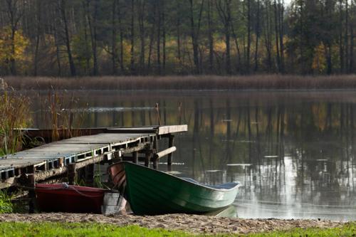 a green boat sitting next to a dock on a lake at Maly Domek Zalesie in Barczewo