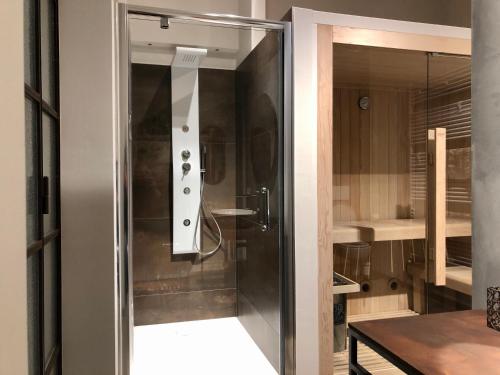 a shower with a glass door in a bathroom at Magno Luxury Apt Canal View in Venice