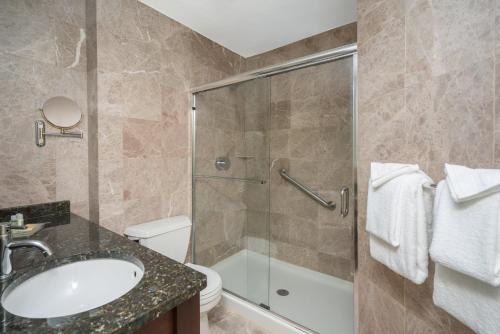 a bathroom with a shower and a sink and a toilet at Holiday Inn Cape Cod - Hyannis by IHG in Hyannis