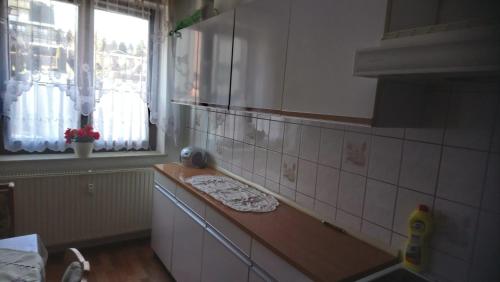 een keuken met een aanrecht, een raam en een wastafel bij Ferienwohnung Ehrenfriedersdorf in Ehrenfriedersdorf