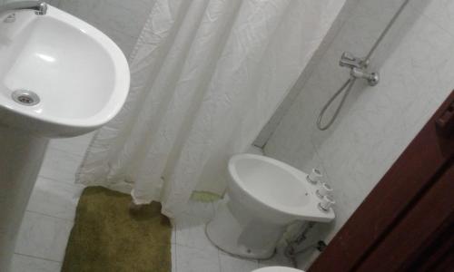 a bathroom with a white toilet and a sink at La Casita in Neuquén