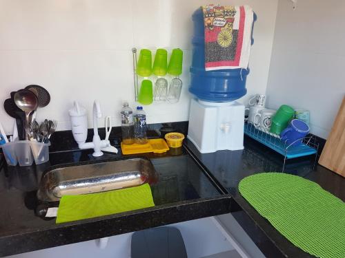 encimera de cocina con fregadero y esponja verde en CASA TEMPORADA A 15 Minutos DE CARRO DA PRAIA, en Cabo Frío