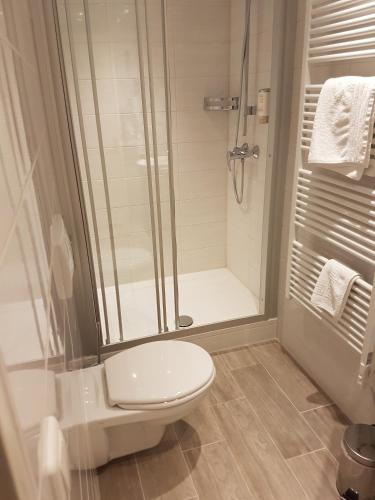 a bathroom with a shower and a toilet in it at Posthotel Kolberbräu in Bad Tölz