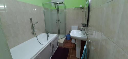 y baño con ducha, lavabo y bañera. en Casa Accacias, en Port Louis