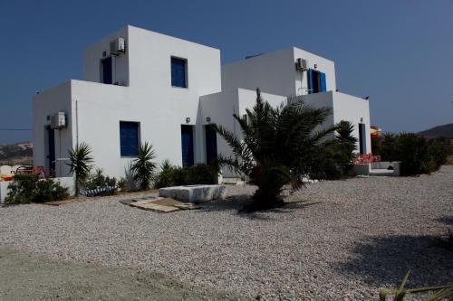 a white building with a palm tree in front of it at Theophili in Zefiría