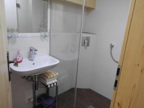 ein weißes Badezimmer mit Waschbecken und Dusche in der Unterkunft Seewiesenalm in Reit im Winkl