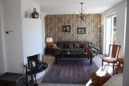 a living room with a couch and a fireplace at Sonniges Paradies mit Seeblick und Panoramaterrasse in Lugano