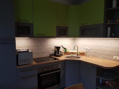 a kitchen with green cabinets and a sink at Cosy home 10 min from city center in Tallinn