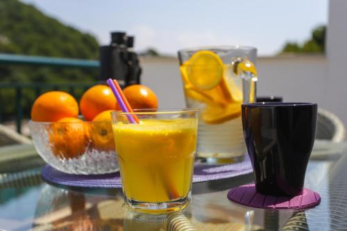 szklankę soku pomarańczowego na stole z miską pomarańczy w obiekcie Apartments Posta w mieście Saplunara