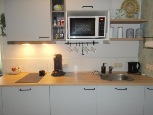 a kitchen counter with a sink and a microwave at Middenpaed in Balk