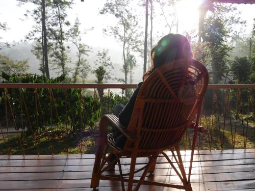 a woman sitting in a rocking chair on a porch at Estate Stay - Riverside Coffee in Siddapur