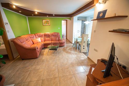 a living room with a leather couch and a television at Apartments Ole in Tolmin