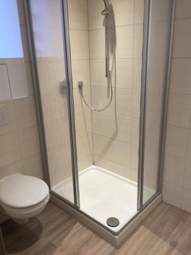 a bathroom with a shower with a toilet at Hotel Post Viernheim UG in Viernheim