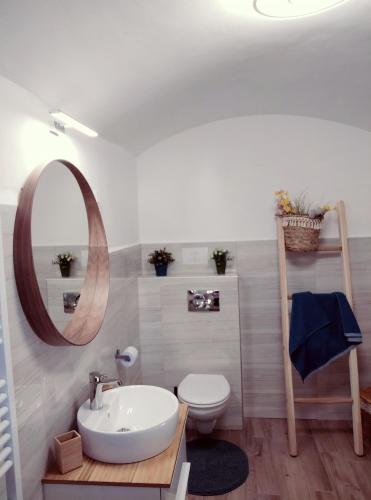 a bathroom with a sink and a toilet and a mirror at Várvölgy Vendégház - teljes ház, kizárólagos használattal in Veszprém