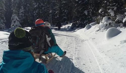 two people riding on a sled in the snow at Hotel Garni Isarlodge Wiesenhof in Scharnitz
