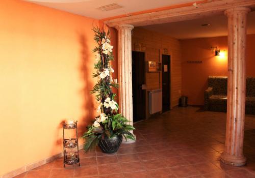 a hallway with a vase with flowers on the wall at Park Hotel Panorama in Bansko