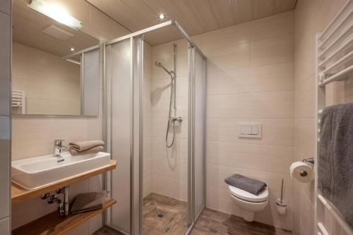 uma casa de banho com um chuveiro, um lavatório e um WC. em Pension Kumbichlhof em Mayrhofen