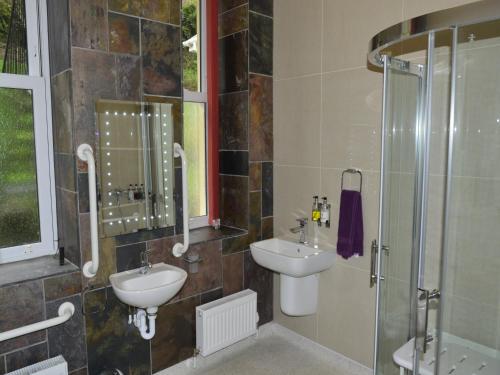 a bathroom with a sink and a shower at Wildercombe House in Ilfracombe
