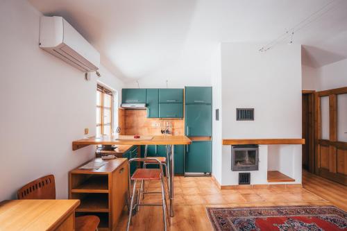 a kitchen with green cabinets and a table and chairs at Latron 98 in Český Krumlov