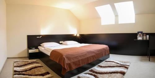 a bedroom with a large bed with a skylight at Hotel Evropa in Celje