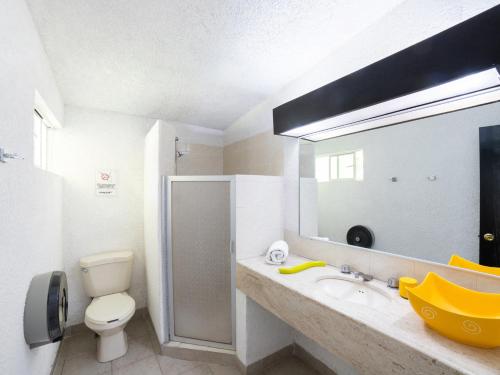 een badkamer met een wastafel, een toilet en een spiegel bij Hotel Teques Palace in Xoxocotla