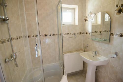 a bathroom with a shower and a sink at Vila Moecel in Moieciu de Sus
