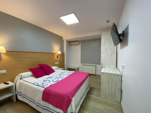 a bedroom with a large bed and a flat screen tv at Hotel San Juan in Miguelturra