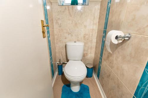 a bathroom with a toilet with a blue rug at Cherry Garden B&B in Folkestone