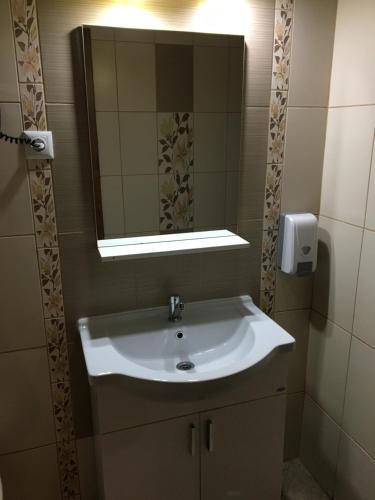 La salle de bains est pourvue d'un lavabo blanc et d'un miroir. dans l'établissement Pension La Viorel Isaila, à Sibiu