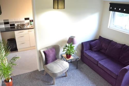 a living room with a purple couch and a chair at Halfway House in Great Malvern