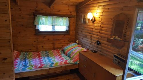 1 dormitorio con 1 cama en una cabaña de madera en BORY TUCHOLSKIE SKÓRZENNO KOŁO OSIEKA, en Osiek