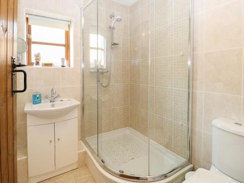 uma casa de banho com um chuveiro, um lavatório e um WC. em The Haybarn em West Bradenham