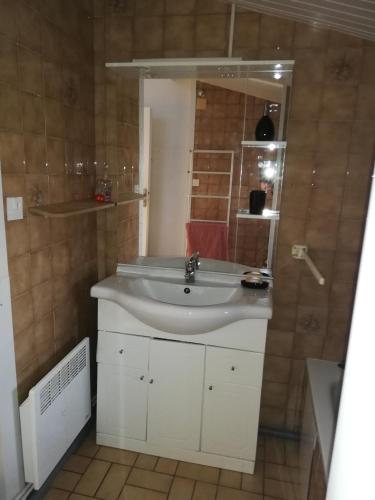 une salle de bain avec un lavabo blanc et un miroir dans l'établissement Belle demeure avec espaces verts, à Gauriac