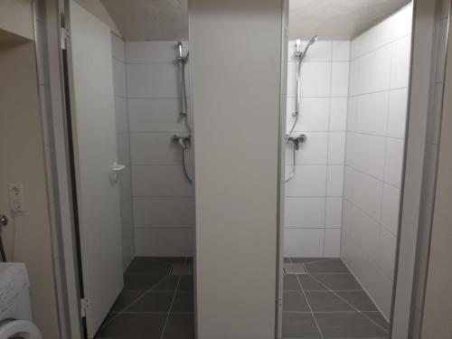 a shower with a glass door in a bathroom at Monteurwohnung Zentrum in Zerbst