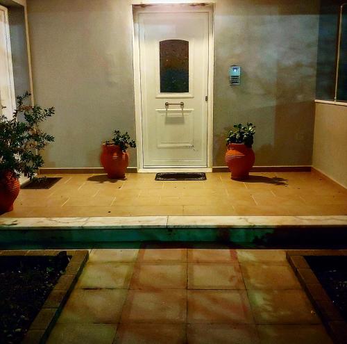 レフカダにあるApartment with gardens (ideal for surfers)の白い扉と鉢植えの植物が3本ある廊下