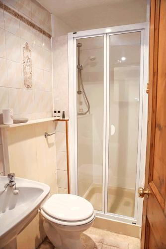 a bathroom with a shower and a toilet and a sink at Cottages-Whitby in Whitby