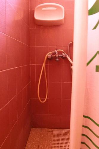 eine rot geflieste Dusche mit Schlauch in einem Badezimmer in der Unterkunft Myrmidon Hotel in Agia Marina