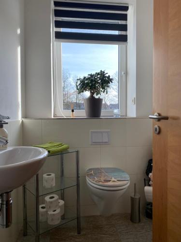 La salle de bains est pourvue de toilettes et d'une fenêtre avec une plante. dans l'établissement Stadtvilla Intzeplatz - Apartment Sylt, à Remscheid