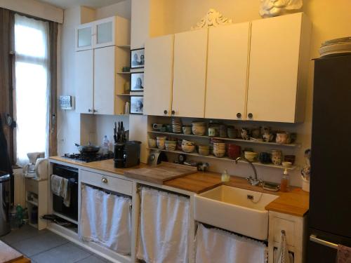 une cuisine avec des armoires blanches et un évier dans l'établissement Petit cocon lillois:Cheminée & jardin, à Lille