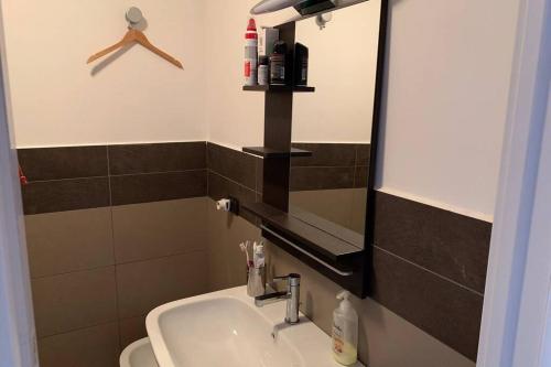 a bathroom with a sink and a mirror at A 2 minuti dalle piste da sci e campo da golf. in Sestriere