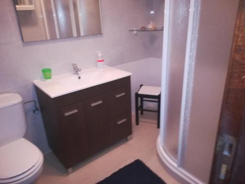 een badkamer met een toilet, een wastafel en een douche bij Piso de Verano in O Grove