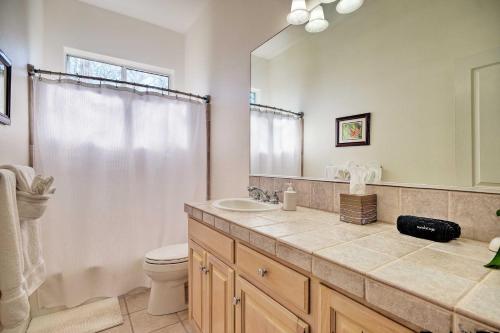 a bathroom with a sink and a toilet and a mirror at Hot Tub and Mtn Views Peaceful Columbia Retreat! in Columbia