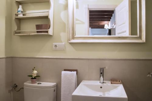 a bathroom with a sink and a toilet and a mirror at La Casa del Tránsito - Living Toledo in Toledo