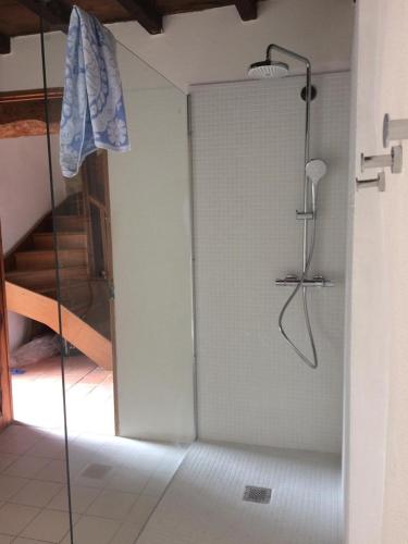 une douche avec une porte vitrée dans une salle de bain dans l'établissement Provence Haus, à Sernhac
