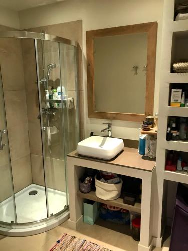 une salle de bain avec un lavabo et une douche dans l'établissement Villa l’Ensoleillée, à Roquefort-les-Pins