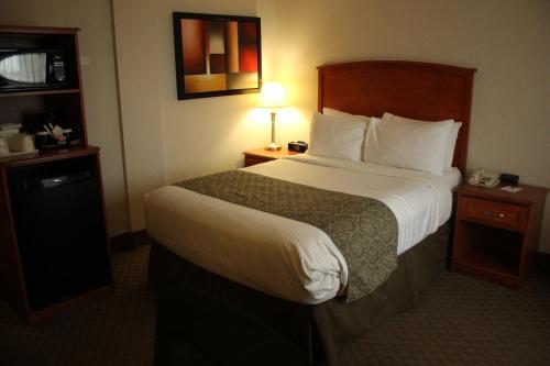 a hotel room with a large bed and a lamp at Ramada by Wyndham Edmonton South in Edmonton