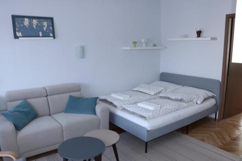 uma sala de estar com uma cama e um sofá em Petofi Apartman em Szeged