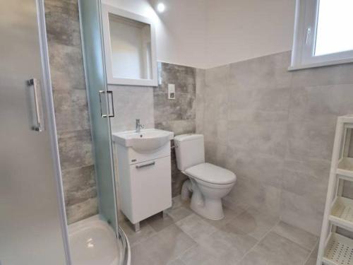 uma casa de banho com um WC, um lavatório e um chuveiro em Morskie domki Mielno em Mielno