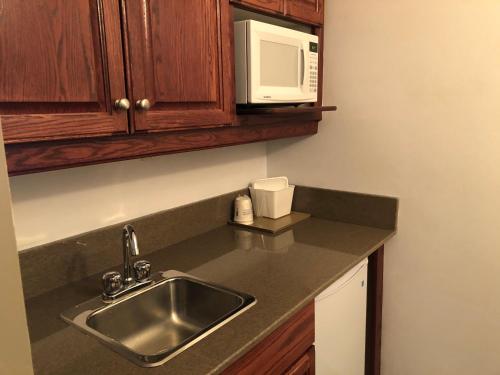 a kitchen counter with a sink and a microwave at South Hill Lodge in Prince Albert